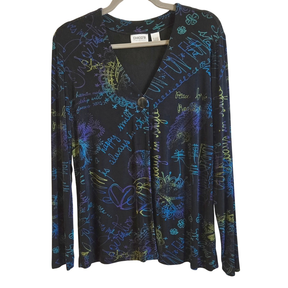 Chicos Travelers Artsy Graffiti Print Cardigan Top Black Neon Peace Love Sz 2/L